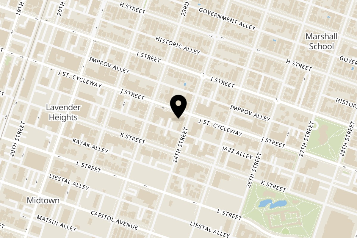 Map showing the location of Elsewhere on 2326 J St in Sacramento